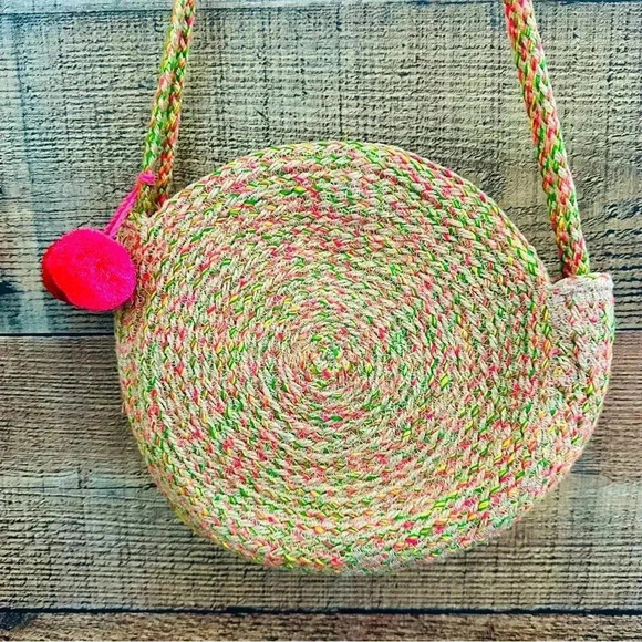 NWOT Shiraleah Round Woven Neon W Pom Pom Crossbody - Picture 5 of 10